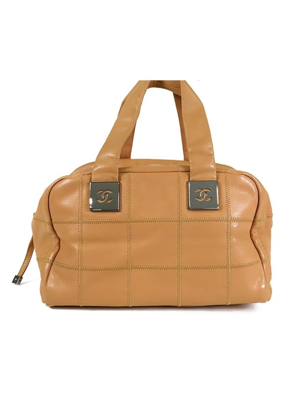 Chanel Choco Bar Mini Boston Bag Beige Silver Caviar Leather